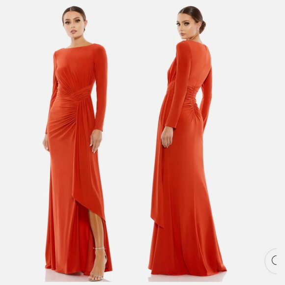 Ruched Long Sleeve Boat Neck Jersey Gown Mac Duggal NEW ORIGINAL PRICE $389 - Picture 1 of 2